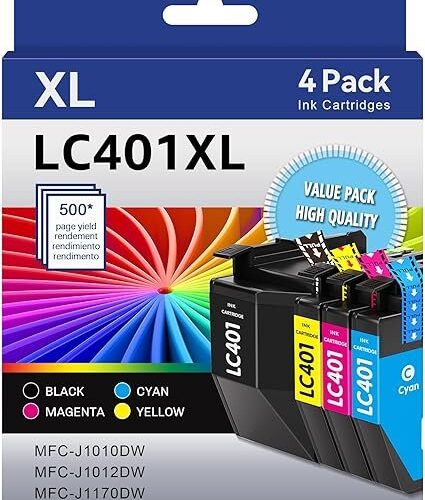 LC401XL LC401 Ink Cartridges Compatible for Brother Ink Cartridges LC401 XL to use with Brother MFC-J1010DW MFC-J1012DW MFC-J1170DW Printer Ink (Black Cyan Magenta Yellow, 4 Pack)